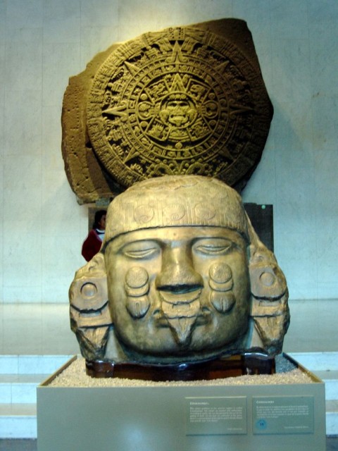 A really big wheel representing the Mexica sun god.  Cool stuff going on on the wheel.  Buy an anthropology text for more info, please.